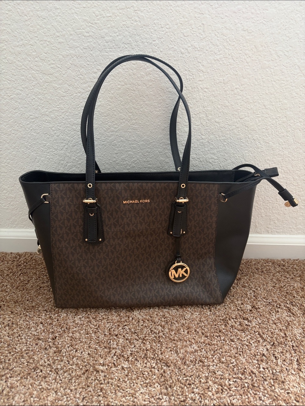 Michael Kors Brown MK Logo Tote with Black Trim and Gold Hardware